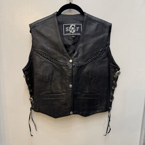 SHAF Leather Collections Motorcycle Biker Vest Mens Leather Snap Pocket Size XL